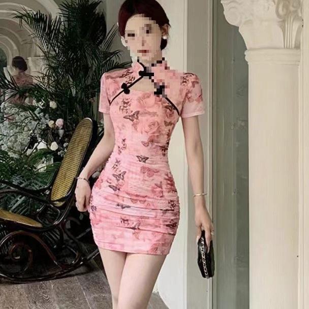 Elegant Hollow-Out Qipao Dress with Frog Buttons & Stand Collar - Waist-Cinching, Hip-Hugging Short Skirt