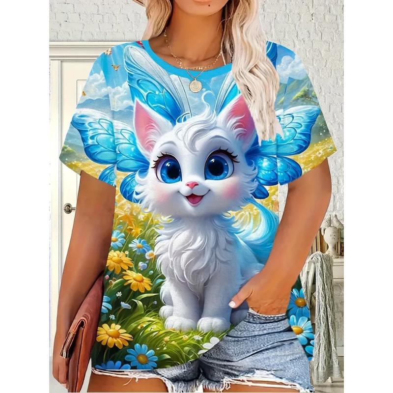 Fashion Women's Crew Neck Short Sleeve 3D Animal Color Printing Animal Short Sleeve Crew Neck T-Shirt