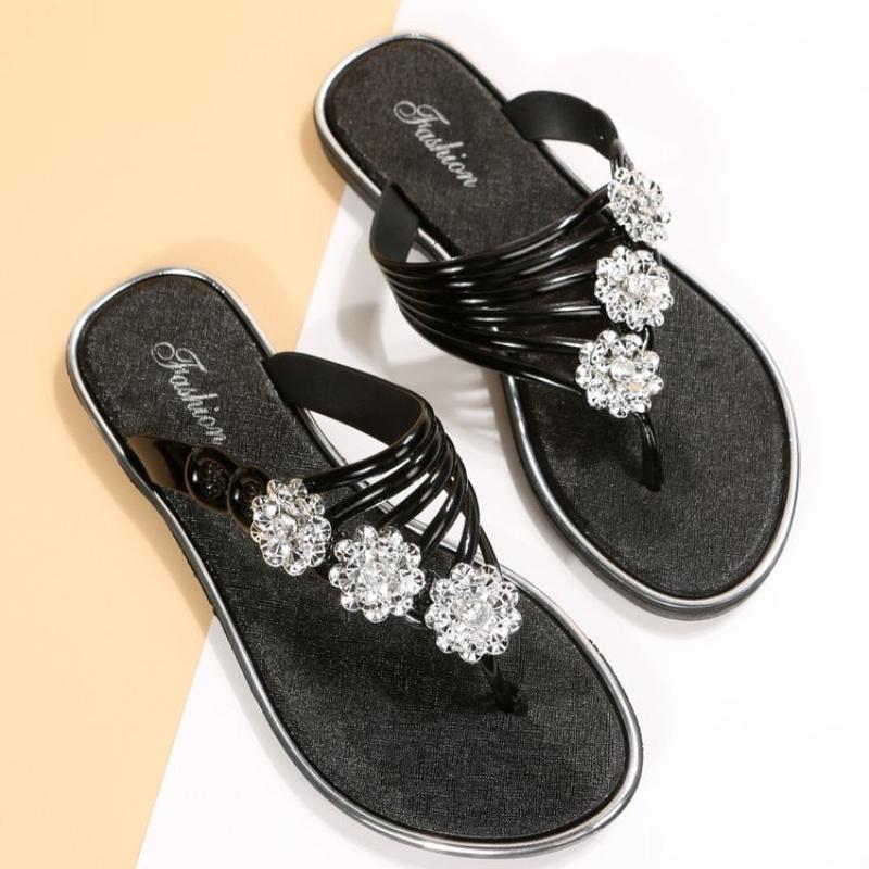 Women's Slippers Flats Shoes Floral Pattern Cutout Toe Post Flip Flops Summer Sandals Low Heels Beach Luxury Rhinestones
