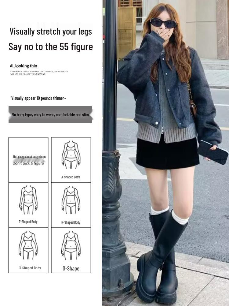 2026 Women's Black Wool Blend High-Waisted Slimming A-Line Short Skirt - Spring to Winter