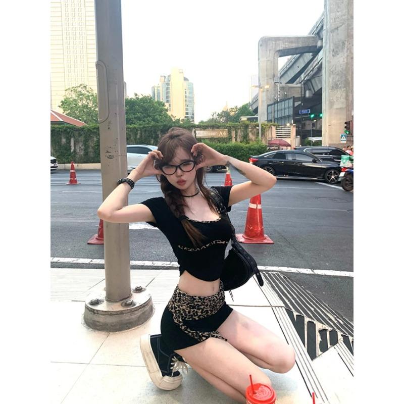 Vintage Sexy Bodycon 2dílné sady kalhot 2024 Letní Y2k Crop Tops + neformální streetwear Žhavé leopardí šortky Korejská móda