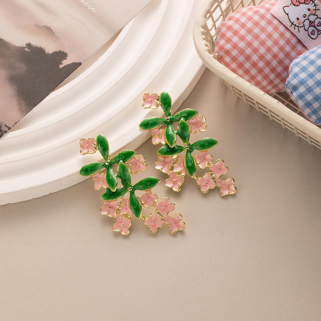 French High-End Flower Earrings, Super Fairy Forest Leaf Cherry Blossom Earrings, Light Luxury Oil Dripping Earrings, Women