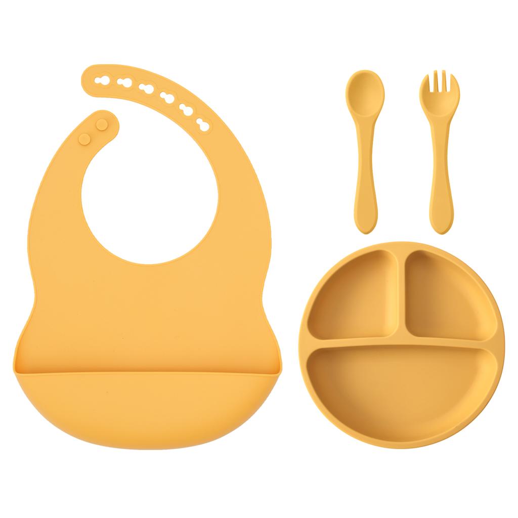 Color Kids 4PCS Baby Silicone Feeding Set Suction Plate BPA Free Waterproof Bib Portable Spoon Fork Toddler Training Tableware