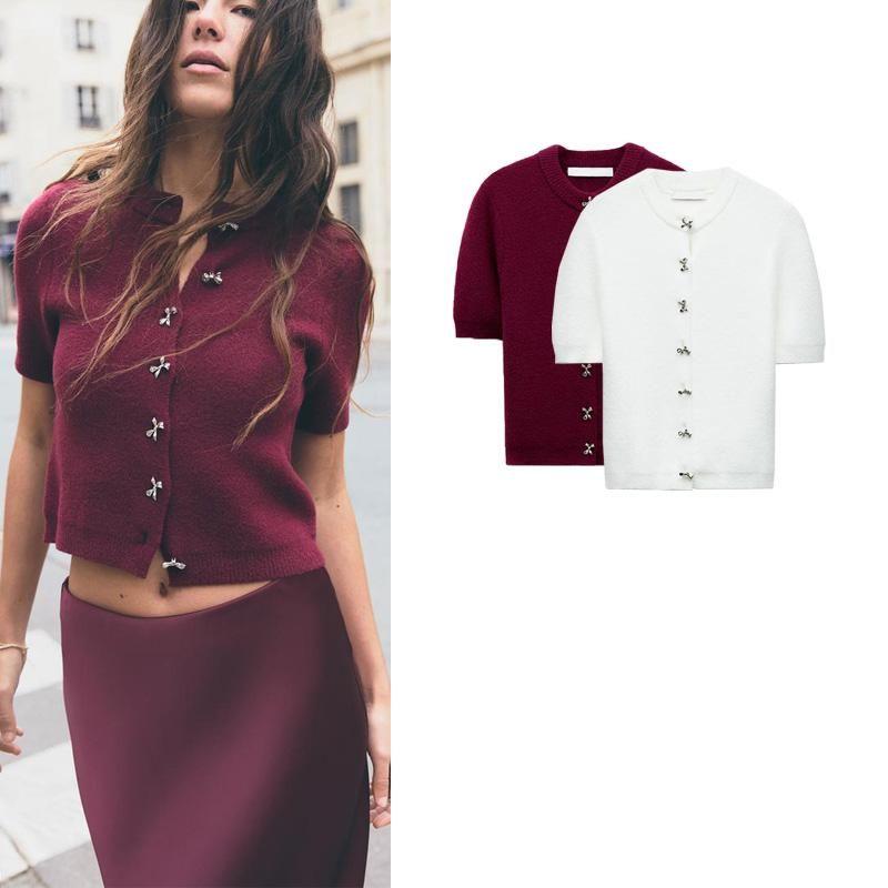 Fall and Winter New Women's Clothing Easiest for Match Bows Decorated Row Button round Neck T-shirt Shory Style Knitting Outwear 9598201