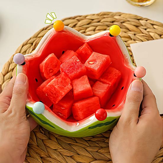 Fruit Plate And Fruit Fork Set Ceramic Watermelon Bowl with Stainless Steel Fork Multipurpose Kitchenware for Fruit Dessert Snacks