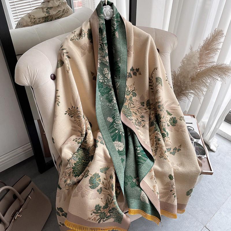 Elegant Faux Cashmere Floral Shawl - Thick Warm Winter Tassel Scarf