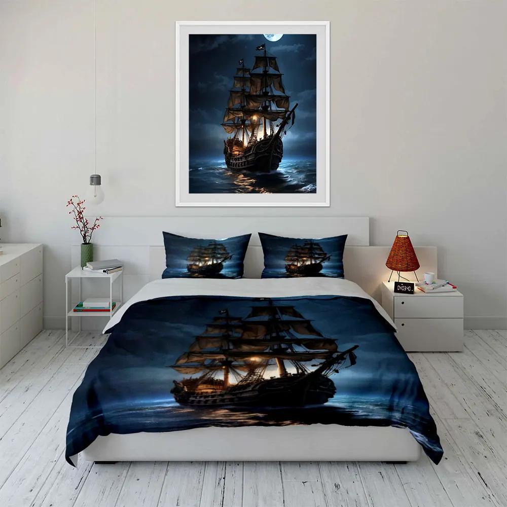 Pirate Ship Night Canvas Art Soft Comfortable Duvet Cover Bedding Set Included 1*Duvet Cover & 2*Pillowcases gift