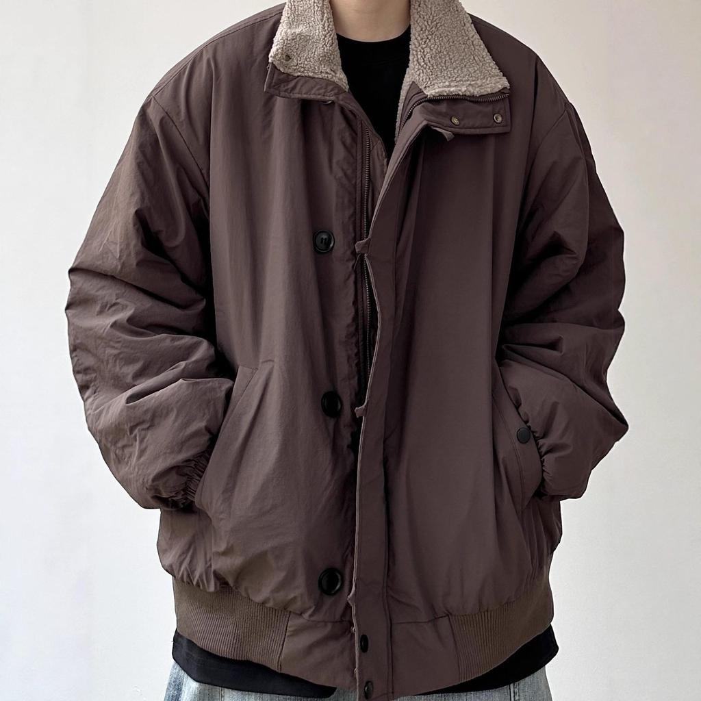 Herren Japanische Retro Lammwolle Warme Baumwolljacke - Winter Lockerer Schnitt, Samt Verdickt, Stehkragen Oberbekleidung