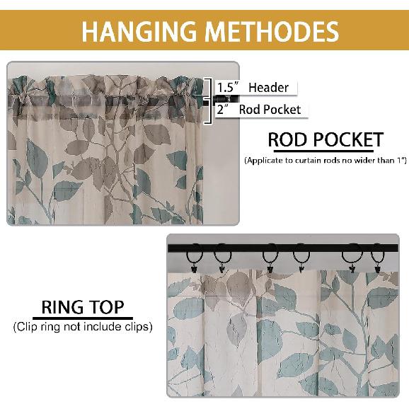 OWENIE Floral Sheer Curta with Pattern 63 Inches Long 2 Panels Set for Living Room Bedroom, Sheer Floral Curta with Printing Leaf Design Rod Pocket