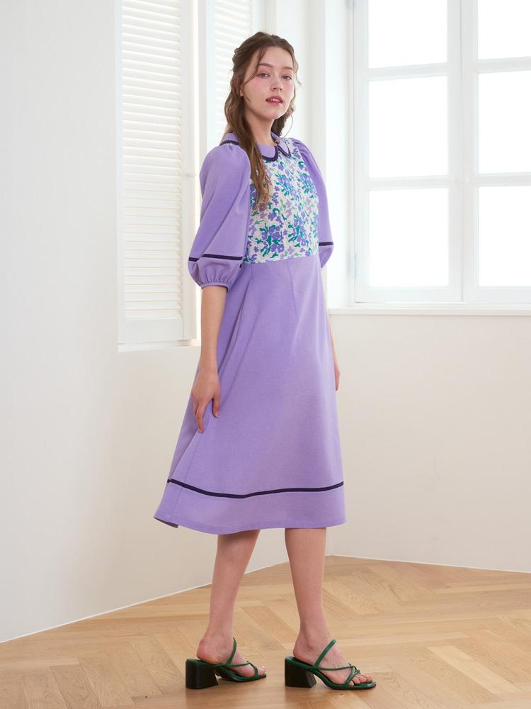 LBYL Purple Flower Color Block Collar Dress