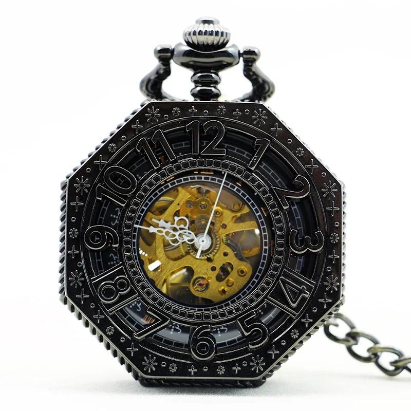 

PJX1143 NEW Steampunk Antique Hexagonal Mechanical Pocket Watch Hollow Necklace Chain Clock Men Women Lady Hand Wind Fob Watches