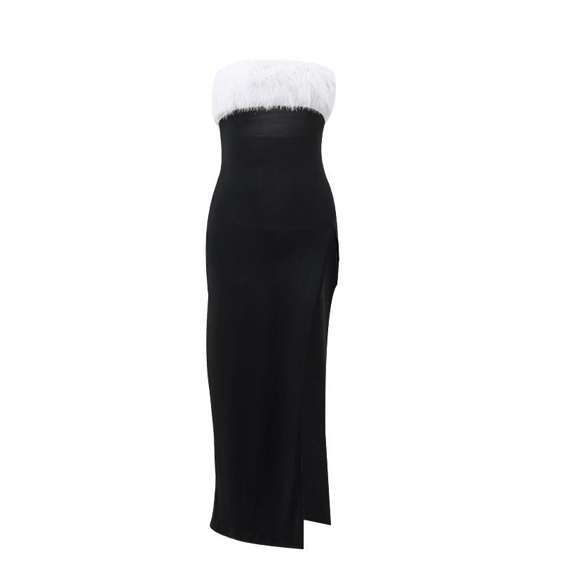 

Europe and the United States autumn popular sexy babes one word shoulder hairy tube top slit dress women S чёрный