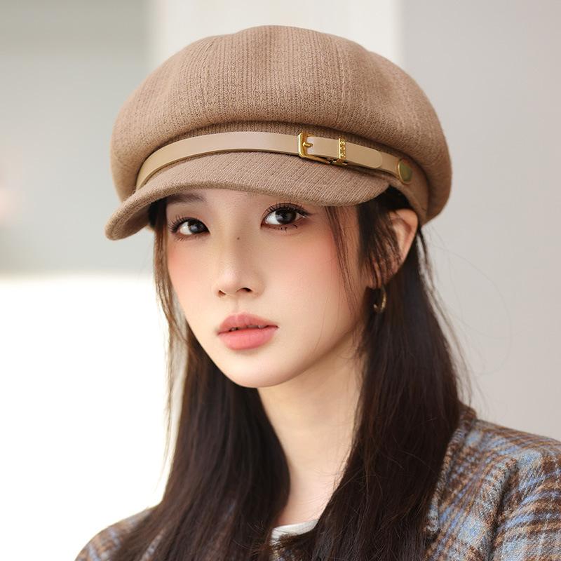 Korean Autumn Pu Leather Button Duck Tongue Beret Hat for Women Navy Style Fashion High End Look Small Versatile Octagonal Hat