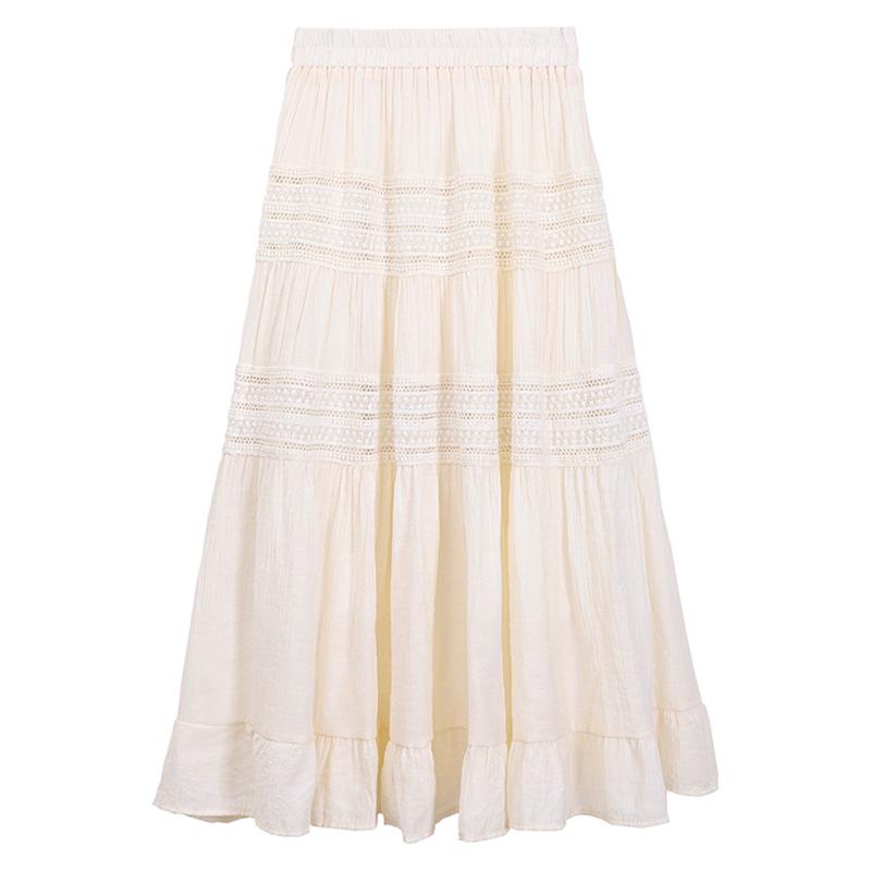 Feiyuan Damen Frühling Weißes Spitzen-Patchwork Midi-Rock in Pfirsichfarbenem Krepp-Tencel