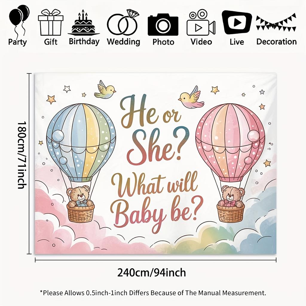 Background banner: Warm little bear hot air balloon. Gender reveal party decoration banner.