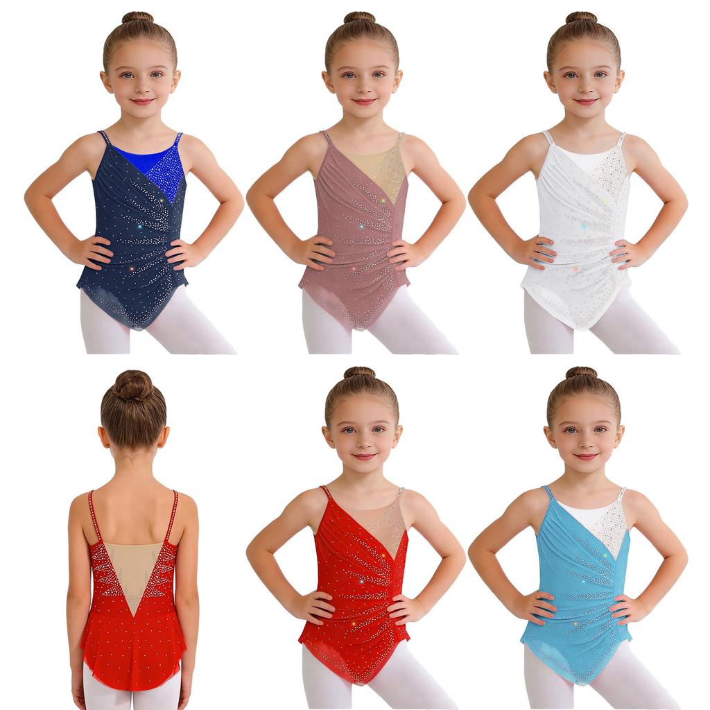Girls Rhythmic Gymnastics Costume Sleeveless Spaghetti Straps Ruched Mesh Rhinestone Embellished Color Block Dress with Attached Briefs for Stage