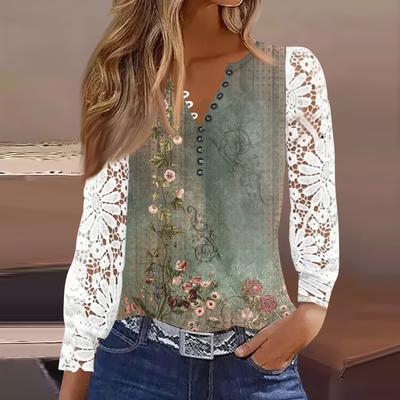 Dámské tričko Tričko Potisk Knoflík Krajka Dlouhý rukáv Denní Víkendová Móda Základní Výstřih do V Běžný Top