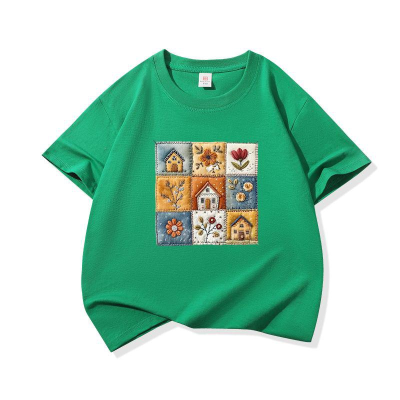 Kids Cotton T Shirt Cute Floral House Print Crew Neck Short Sleeve Tee Casual Breathable Boys Girls Summer Tops