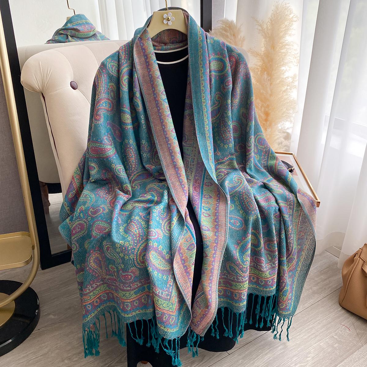 Роскошный зимний кашемировый шарф для женщин - Кисточная вышитая печатная шаль, Теплый объемный платок на голову и Мусульманский модальный хиджаб-кейп