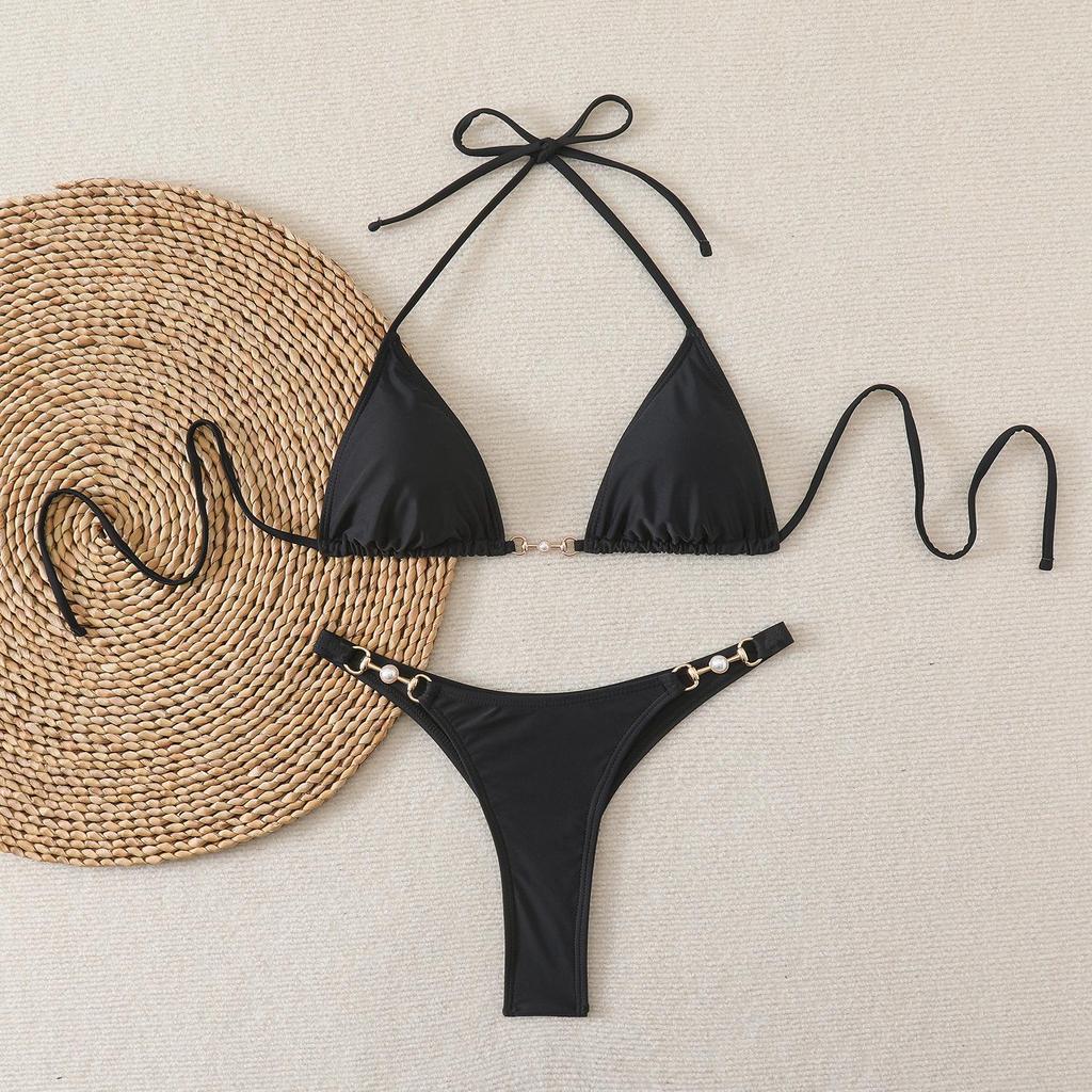 European & American Women's Solid Color Lace-Up Halter Triangle Bikini - Sexy Two-Piece Swimsuit