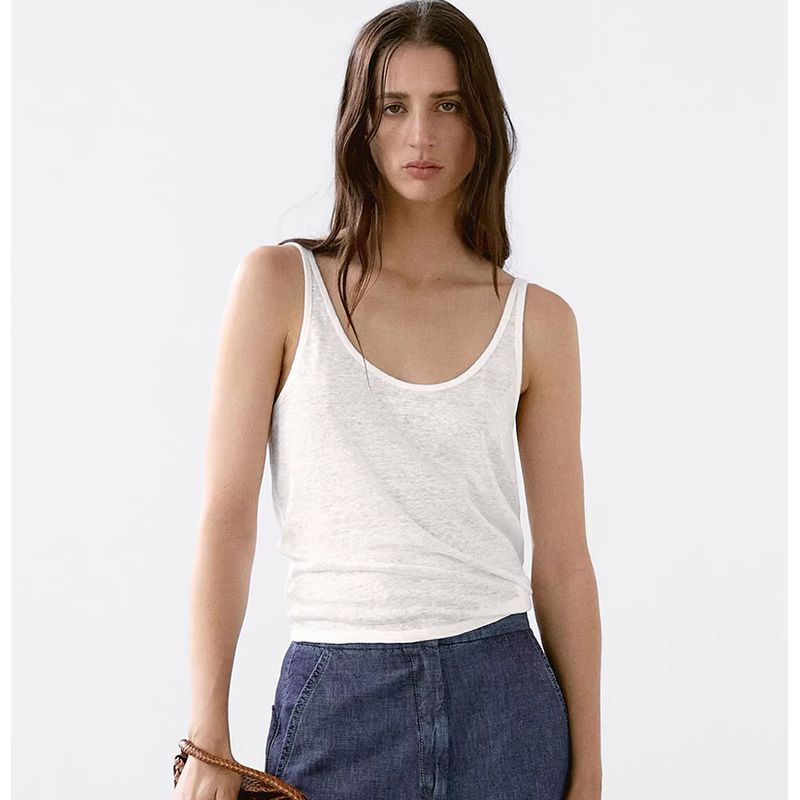 Linen Vest French style UK Spaghetti Strap Cotton Top Cami Vest Sexy White Large U-Neck Thread Export