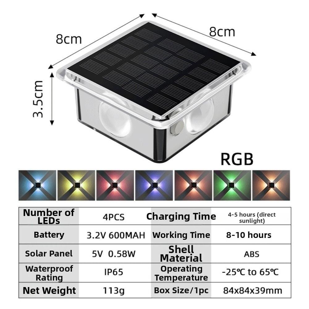 Solar Powered Solar Fence Lights Warm White/RGB with 8 Modes Fence Lights IP65 Waterproof New 4-Way Lighting for Backyard Wall