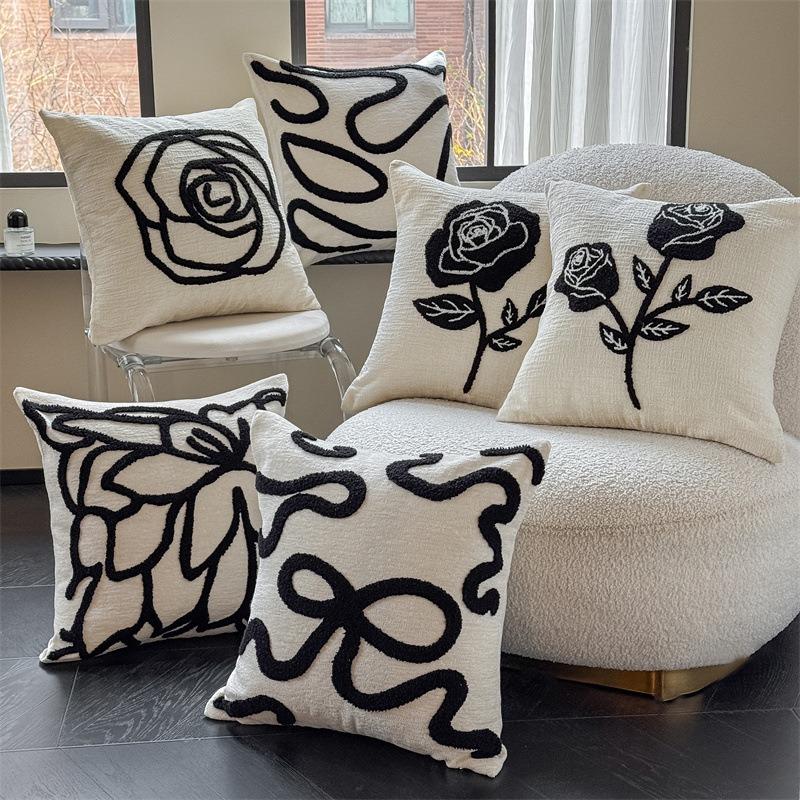 Jmg Clothing Unisex Light Luxury Chenille Embroidered Rose Pattern Decorative Pillow Cushion Soft Sofa Backrest Cushion Cover For Bedroom Home Decor