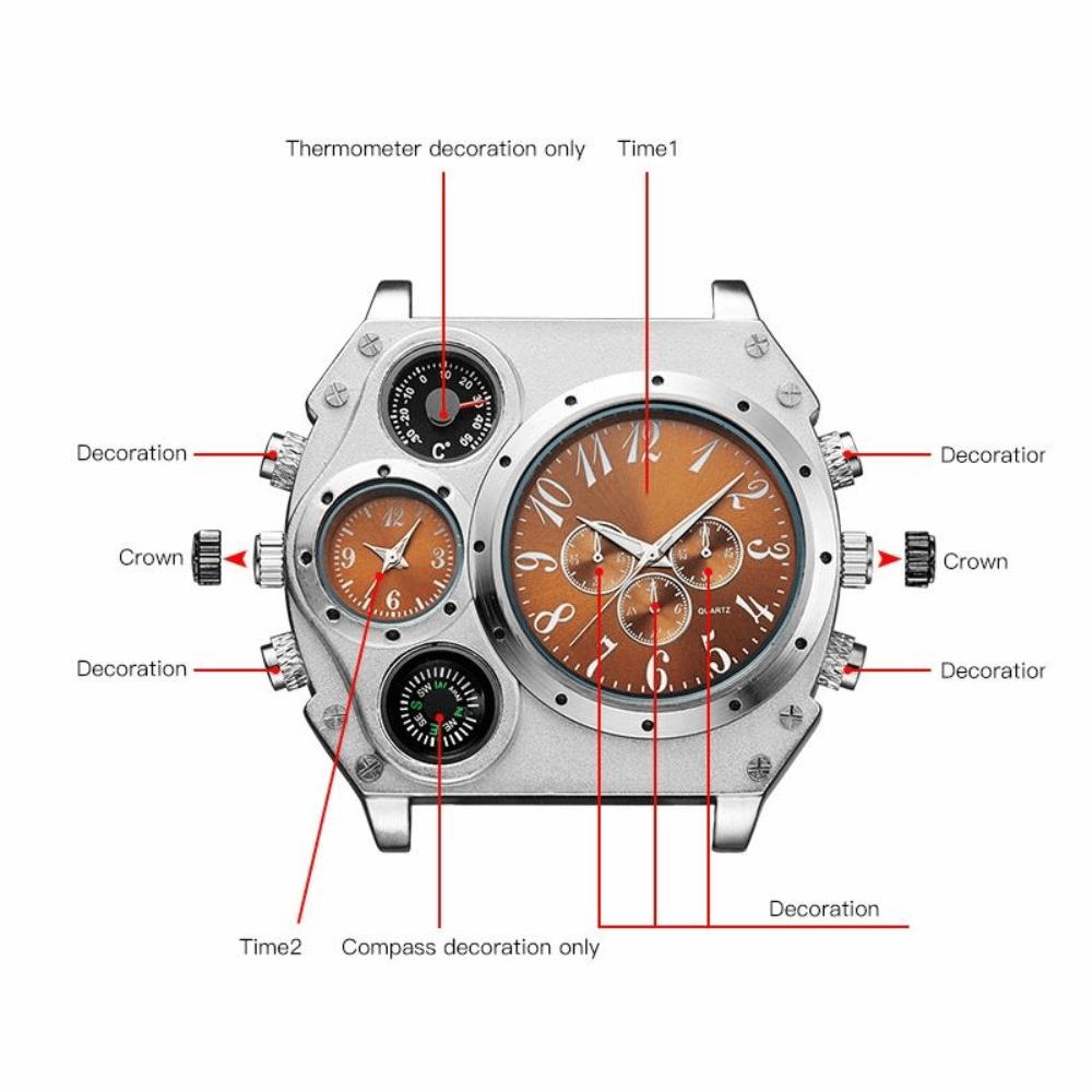 Large Dial Dual Time Zone Watch PU Leather Strap Men's Watch Top Brand Sport Wristwatch Men
