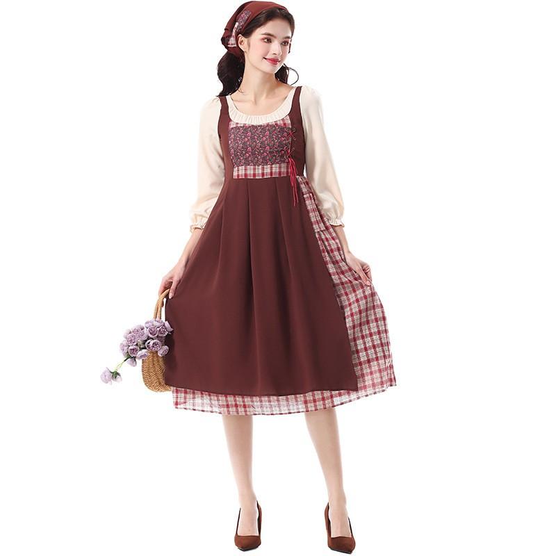 Halloween Floral Print Fake Two-Piece Dress Women Stage Performance Garden Style
