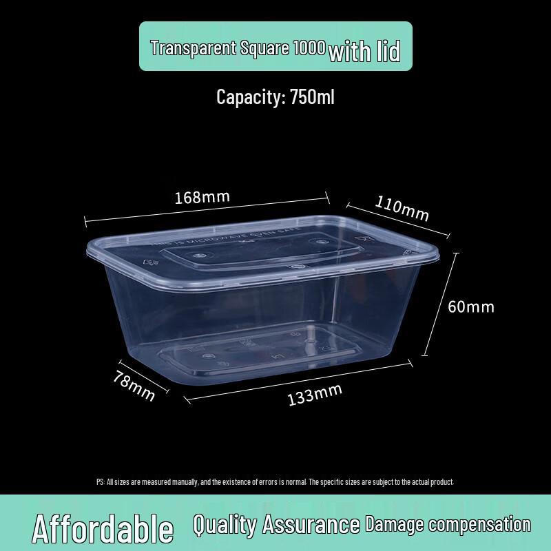 Disposable Transparent Square Food Containers, 1000ml (50 Sets)