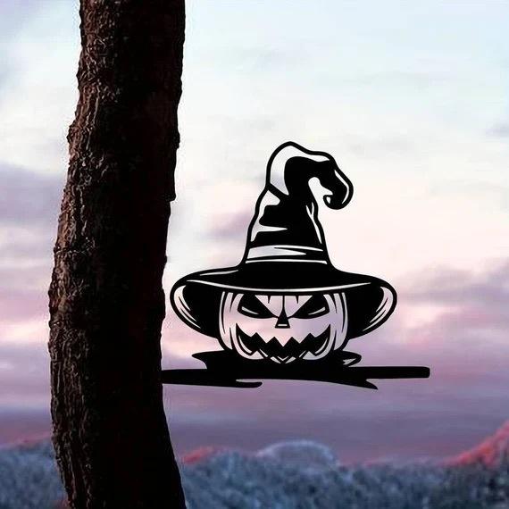 Halloween Kürbis Gartenstecker Metall Jack-O-Lantern Stecker mit Hexenhüten Outdoor Halloween Kürbis Hofschilder Halloween Gartenskulptur Ornament
