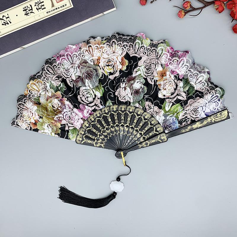 1PC Silk Fan Decoration Fans Floral Pattern Dance Tassel Vintage Folding Fan Hand Fan