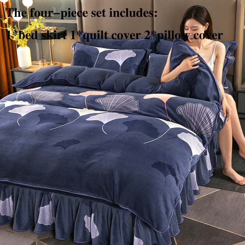 

Костюм из четырех частей из молочного бархата плюс утепленное бархатное мягкое приятное для кожи постельное белье. Двусторонняя бархатная юбка-кровать устойчива к грязной зиме. Queen