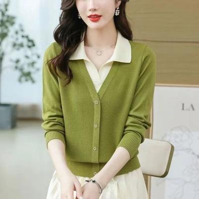 Fashion Color Block Fake Two Pieces Sweater Women Autumn and Winter Polo Collar Casual Thin Office High Quality All-match Top