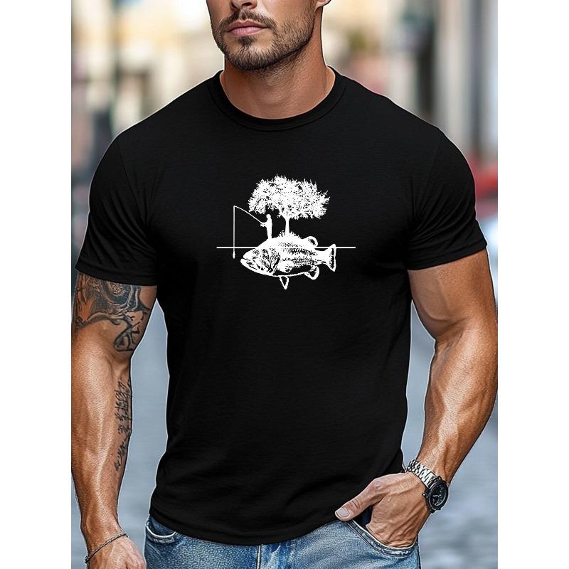 Men's T-shirt, Relaxed and Casual, Simple and Stylish, Men's Fisherman Under a Tree with Big Fish Graphic Summer Casual Crew Neck Short Sleeve T-shirt