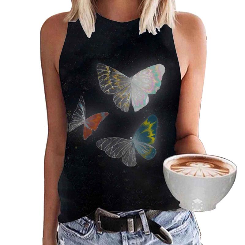 Women's Butterfly 3D Printed Sleeveless T-shirt, Y2K Top, Oversized Round Neck Vest, Off Shoulder, Girls' Sleeveless T-shirt, Summer