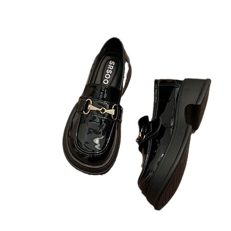 Loafers horse buckle thick-soled medium-heeled small leather shoes for women's 2025 spring one-pedal British new single shoes heightening shoes
