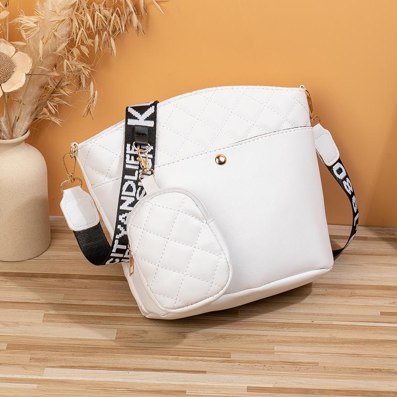 Rhombus Embroidered Shoulder Crossbody Bucket Bag Trendy Versatile Belt Small Round Bag Large Capacity Women's Bag