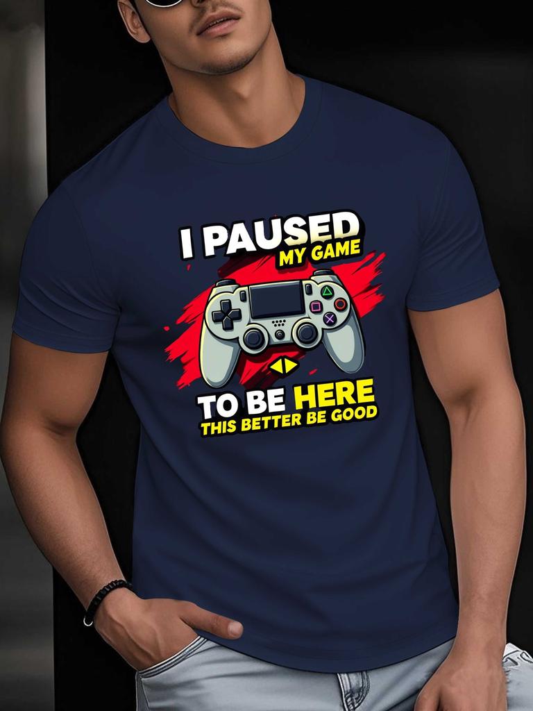 Men's Game Controller Letter Print 100% Pure Cotton Casual Round Neck Short Sleeved Player's Versatile Breathable T-shirt