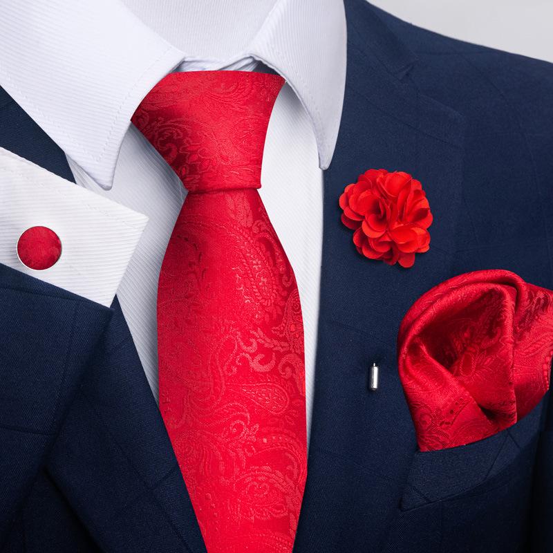Men 8cm Wide Silk Wed Neck Tie Cufflinks Brooch Pin Handkerchief Business Wedding Party Suits Groom Accessories Gift