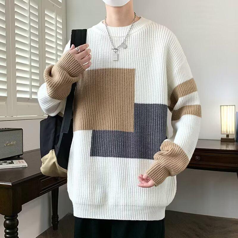 Ανδρικό Μοντέρνο Φθινοπωρινό/Χειμερινό Πλεκτό Πουλόβερ Χαλαρής Γραμμής με Χρωματικές Ενότητες