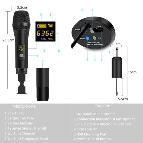 Depusheng W1 UHF Wireless Microphone System, Dynamic Karaoke, Metal Handheld Microphone, 25-Channel Mini Receiver, 50-80m