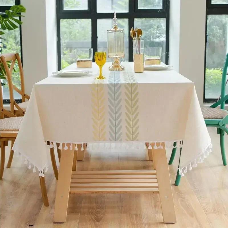 Embroidered Tablecloth Cotton Linen Waterproof Rectangle Table Cover Vintage Leaf Pattern for Kitchen Dining Living Room Decor