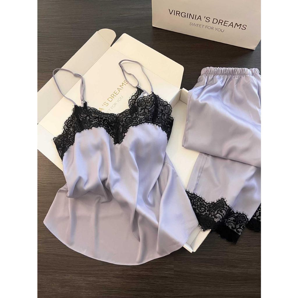 Korean pure lace splicing ice silk pajamas women's summer cool feeling with chest pads, suspenders, trousers, loungewear two-piece set