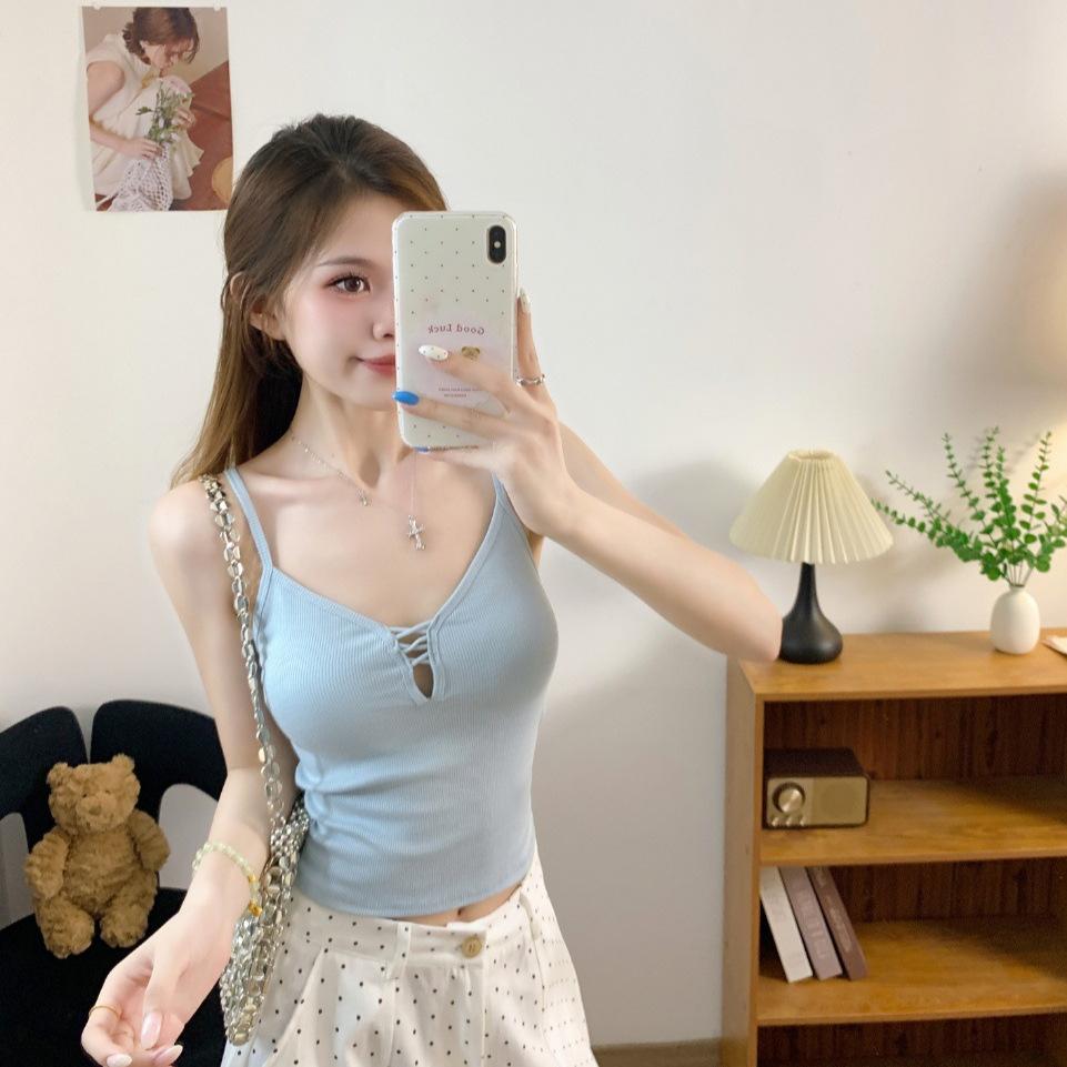 #Summer new pure desire wind hollow cross splicing sling vest female slim fixed with chest pad top