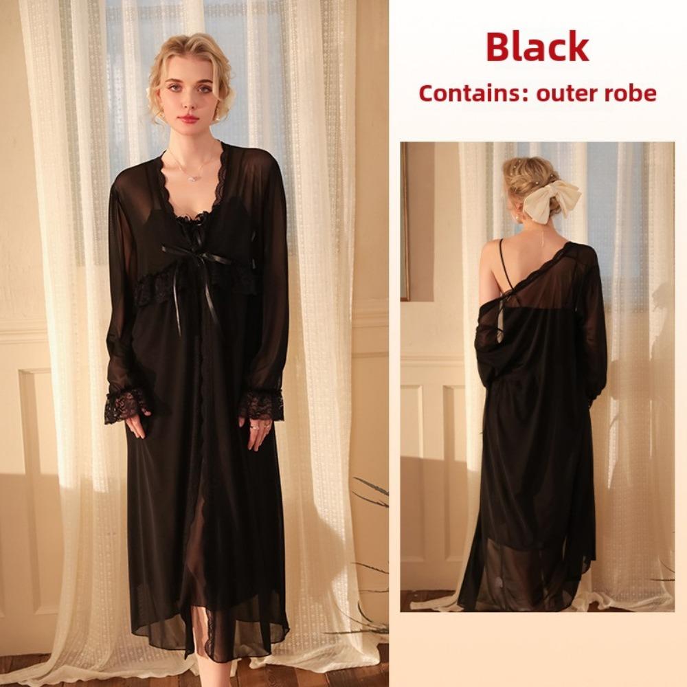 

Сексуальна нічна сорочка Піжама з довгим рукавом Жіноча сітчаста сукня Сексуальна мереживна обробка манжетів Сплайсинг Домашній одяг S