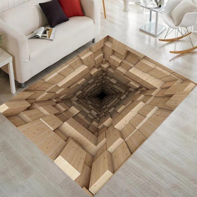 3D Vortex Carpet, Spiraling Gold Line On Sapphire Blue Background Rug, Reflective Illusion Floor Mat for Statement Interiors