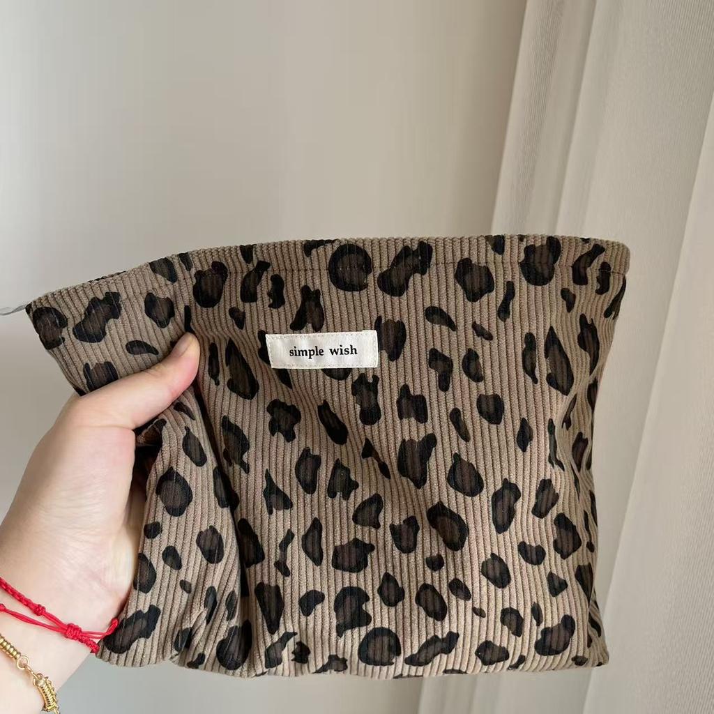 Cord Retro Leopardenmuster Kosmetiktasche Lippenstift Kosmetik-Organizer Reißverschlusstasche Reise Wasch- und Aufbewahrungstasche für Damen