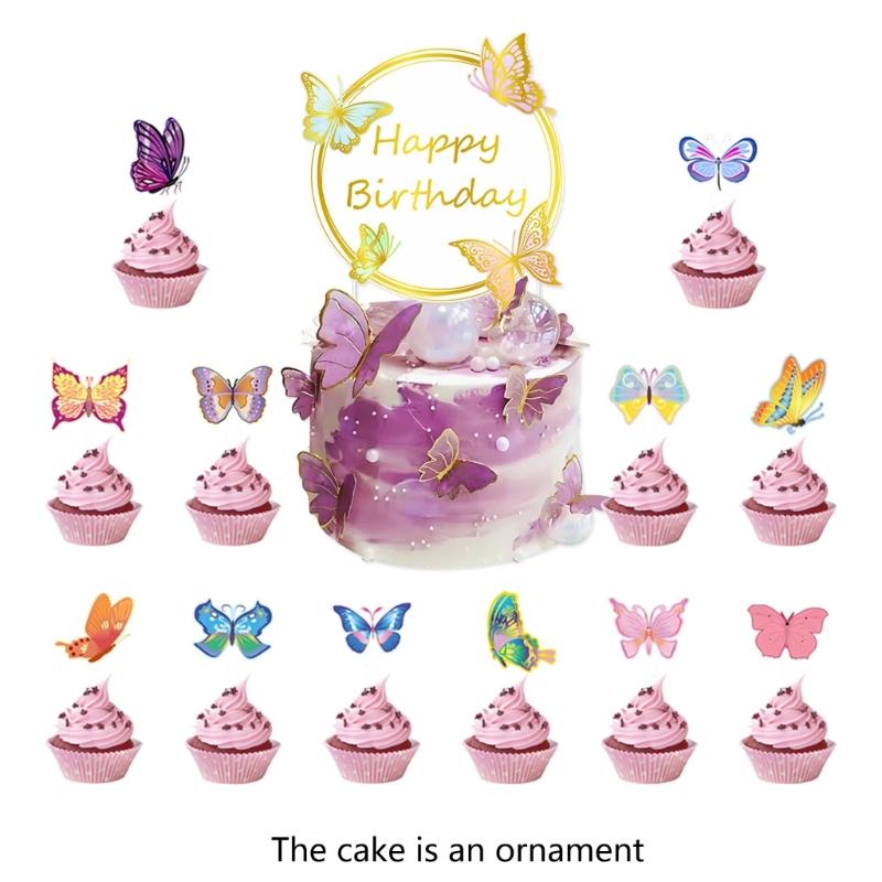 Butterfly Cake Toppers Set Party Supplies Hanging Swirls Colorful Banners Paper Texture for Creative Butterfly Dessert