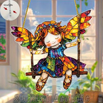 Acrylic Angel Girl Sun Catcher - Bohemian-Style Vibrant Stained Design with Colorful Wings, No Electricity Needed for Indoor/ Outdoor Garden 
